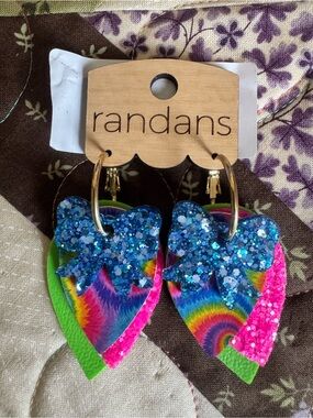 Rainbow Bow Dangle Earrings - Blue Glitter